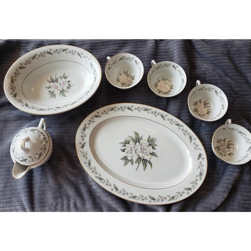 8 pc vintage dish China Princess USA white/pink gardenia flower print gold rim